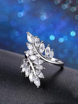 YELLOW CHIMES White Crystal Rings Beauty-in-Leaves Adjustable Silver Ring for Women Alloy Crystal Platinum Plated Ring