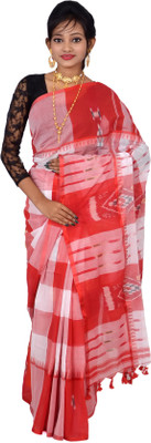 SAYAN CREATION Checkered Handloom Pure Cotton Saree(Red, White)