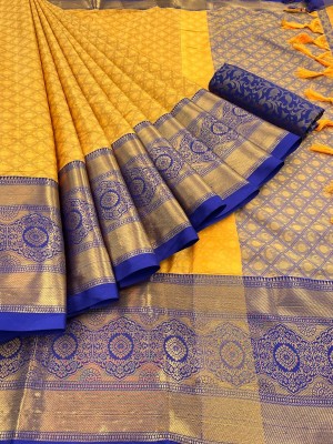 skibry Woven Kalamkari Silk Blend Saree(Yellow)