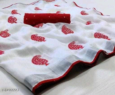 PRIMERION Embroidered, Solid/Plain Bollywood Cotton Linen, Linen Saree(Red)