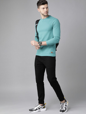 Roadster Self Design Men Round Neck Light Green T-Shirt