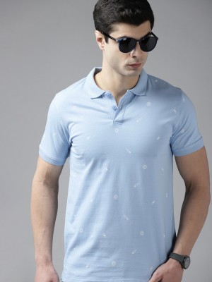 Roadster Printed Men Polo Neck Blue T-Shirt