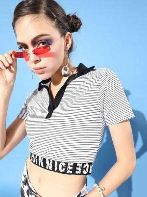 KASSUALLY Striped Women Polo Neck Black T-Shirt