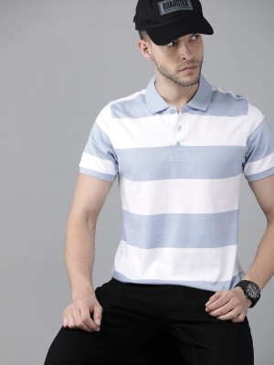 Roadster Striped Men Polo Neck White T-Shirt