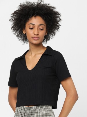 ONLY Solid Women Polo Neck Black T-Shirt