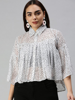SHOWOFFFF Casual Polka Print Women White Top