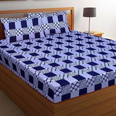 GRAH CRAFT 144 TC Polycotton Double 3D Printed Flat Bedsheet(Pack of 3, Blue, BLUE CHECK)