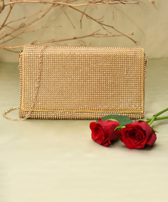 Haute Sauce Gold Sling Bag Textured Magnet Lock Clutch Bag with Chain Strap