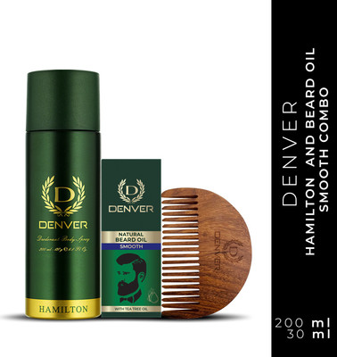 DENVER Hamilton & Beard Smooth Oil For Beard (200ml Deo + 30ml Beard Oil) Deodorant Spray – For Men (230 ml)