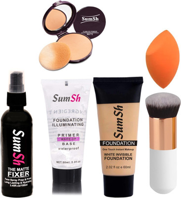 SumSh Fixer Spray, Primer, Foundation, Foundation Brush with Sponge puff blender, Compact Powder(6 Items in the set)