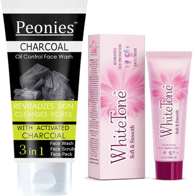 Peonies Charcoal 3 IN 1 Face Wash 100ml & White Tone Face Cream 25g(2 Items in the set)