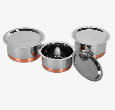 Strobine 3 Copper Bottom Cook And Serve Tope Set With Lid, Tope/Tapeli/Patila Set Non-Stick Coated Cookware Set(Stainless Steel, Copper, 6 - Piece)