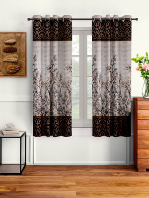 Cortina 150 cm (5 ft) Window Polyester Semi Transparent Curtain (Pack Of 2)(Brown, Floral)