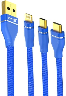 FASTX Power Sharing Cable 3 A 1.2 m Nylon braided 3 in 1 usb Cable Nylon Duo Jean Braided/Rapid/Multifunction Fast charging(Compatible with Mobile, Tablets, Type C devices, Android, iphone, Blue, One Cable)