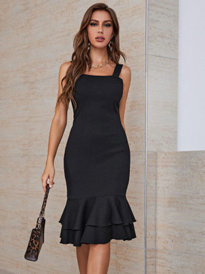 RARE Women A-line Black Midi/Calf Length Dress