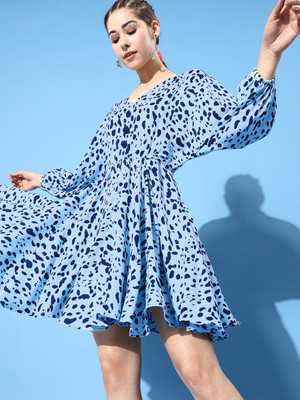 KASSUALLY Women Fit and Flare Blue Above Knee/Mid Thigh Length Dress