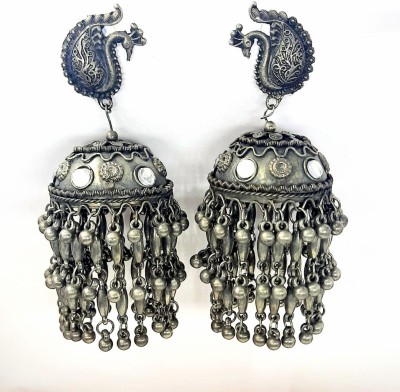 JUST IN JEWELLERY Oxidized Silver Black Huge Mirror Pearl Drop Jhumka Earrings For Girls & Women Alloy Jhumki Earring