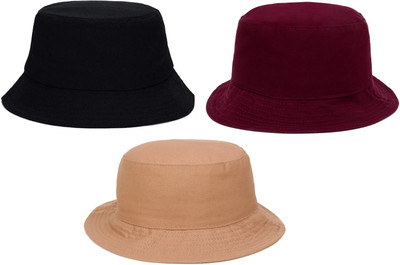 ZACHARIAS Bucket Fishermen Beach Cap Hat(Black, Maroon, Beige, Pack of 3)