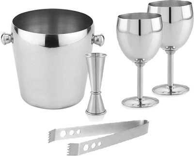 finality 1 L Steel Single Wall Ice Bucket with Ice Tong and Ring Peg & Goblet Glass Great Bar Tools Ice Bucket(Steel)