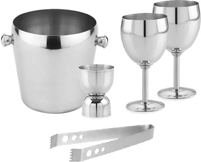 finality Single Wall Ice Bucket with Ice Tong&round Peg with Goblet Glass Great Bar Tools Bar Set(Stainless Steel)