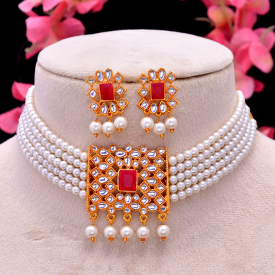 RR Jeweller Brass Gold-plated Red Jewellery Set(Pack of 1)