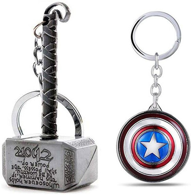 Meeko.com Marvel Superhero Thor Hammer Silver & Captain America Rotating Metal Keychain Key Chain
