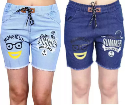 CK Collection Influent Short For Girls Casual Printed Denim(Blue, Pack of 2)