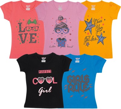 kiddeo Girls Printed Pure Cotton T Shirt(Multicolor, Pack of 5)