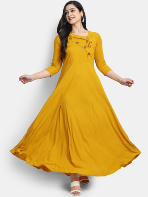 Puebell Women Solid Flared Kurta(Yellow)