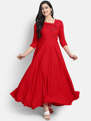 Puebell Women Solid Flared Kurta(Red)