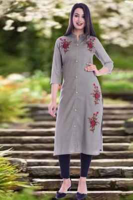 Mehsoos Women Embroidered Straight Kurta(Grey)