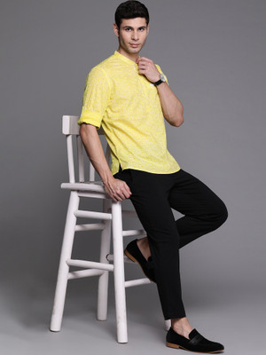 Indo Era Men Printed Straight Kurta(Yellow)