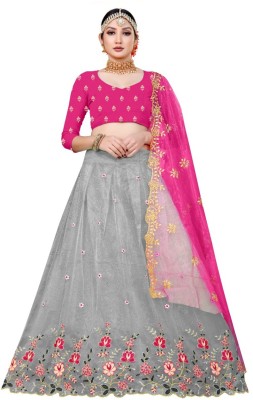 JP STORE Embroidered Semi Stitched Lehenga Choli(Grey, Pink)