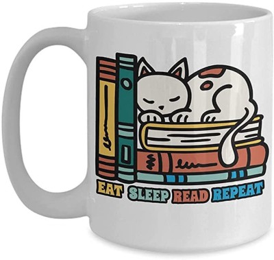 SNV Book Lovers Eat Sleep Read Repeat Cat Coffee, Back To School, Gifts17717 Ceramic Coffee Mug(350 ml)