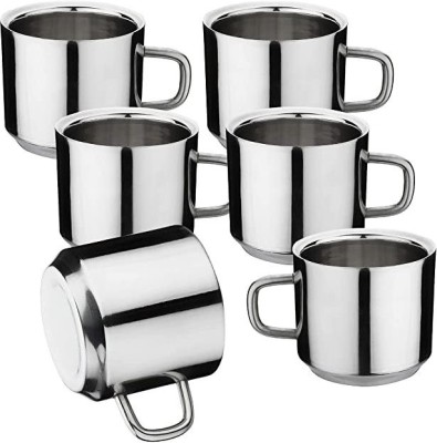 MAGHROLA Stainless Steel Double Wall Premium Quality Tea and Coffee Cups+Handle Set 6 Stainless Steel Coffee Mug(80 ml, Pack of 6)