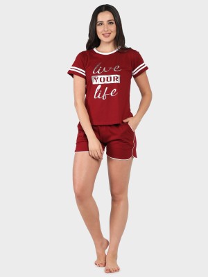 N-gal Women Printed Maroon Top & Shorts Set