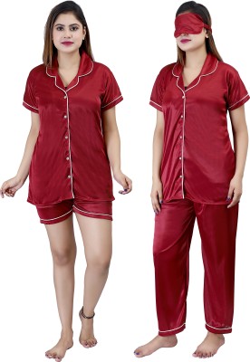 Orchid collection Women Solid Maroon Shirt & Pyjama set