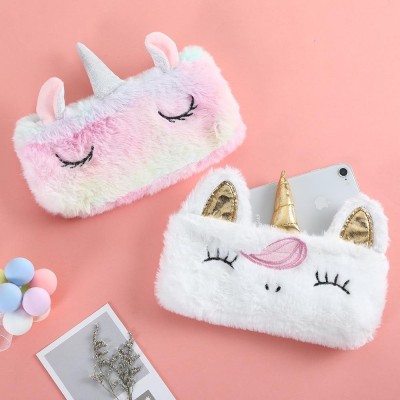 TOYVISION POUCH Unicorn Fur Pencil Case Makeup Coin Case for Girls Birthday Return Art Artificial Leather Pencil Boxes(Set of 2, Multicolor)