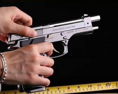 Treasurer Reloded Silver Heavy Metal Pistol Gun with Lighter Barrel Pull Back System 608 Silver Reloaded Gun Lighter | Jet Flame | Leather Cover included Pocket Lighter