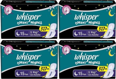 Whisper Maxi Night XL Wings 15+15+15+15 pads Women Sanitary Pad  (Pack of 4)