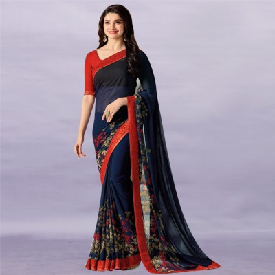 PHORIA STYLE Floral Print Bollywood Georgette, Chiffon Saree(Red, Blue)