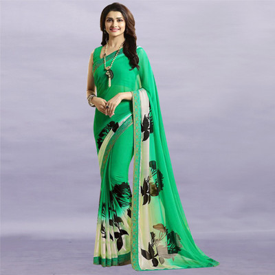 peer store Printed Bollywood Georgette, Chiffon Saree(Green, Beige)