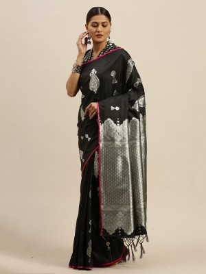 Ratnavati Geometric Print Daily Wear Silk Blend Saree(Black)