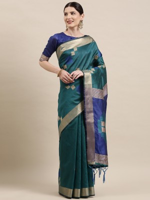 Ratnavati Geometric Print Banarasi Cotton Silk Saree(Light Blue)