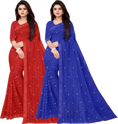 VANRAJ CREATION Embellished Bollywood Net Saree(Pack of 2, Red, Blue)