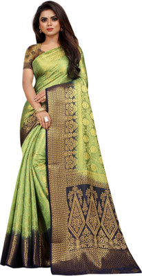 iZibra Self Design, Woven Banarasi Pure Silk, Art Silk Saree(Dark Blue, Light Green)