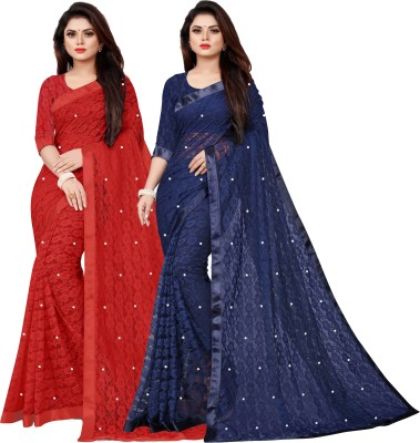 VANRAJ CREATION Embellished Bollywood Net Saree(Pack of 2, Dark Blue, Red)
