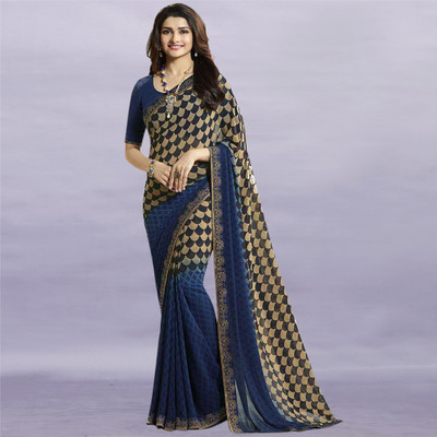 PHORIA STYLE Printed Bollywood Georgette, Chiffon Saree(Dark Blue, Beige)