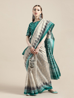 Ratnavati Printed Ikkat Silk Blend Saree(Cream)
