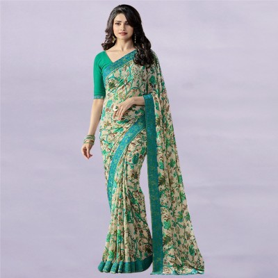 MEETVIN COUTURE Floral Print Bollywood Georgette, Chiffon Saree(Green)